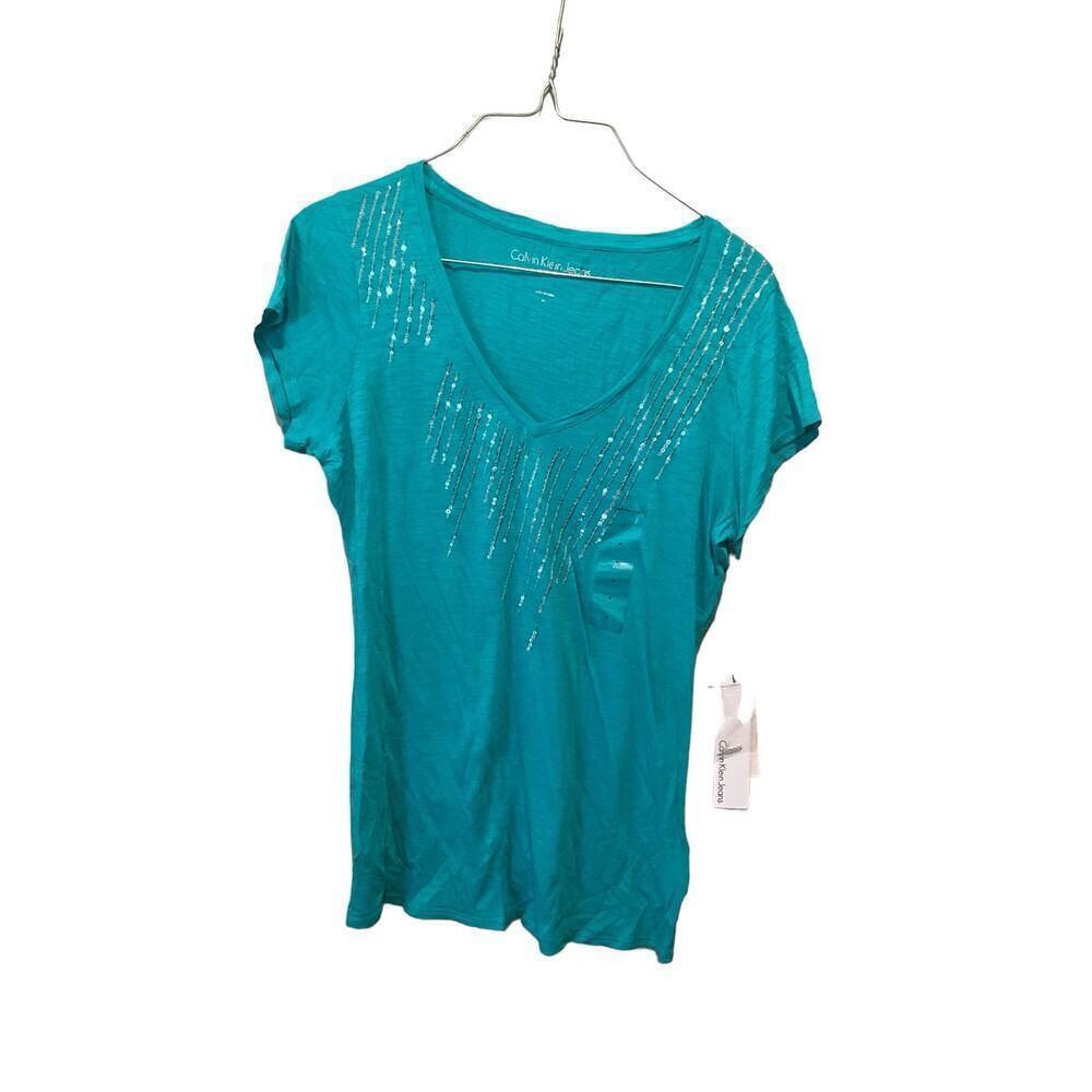 Calvin Klein Sequin Top Women's Medium Teal Cotton V-Neck Short Sleeve Pullover